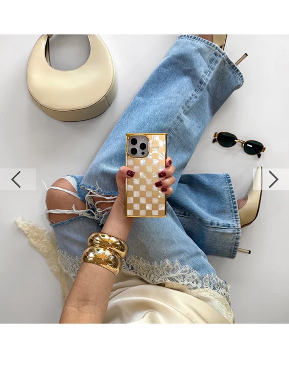 FLAUNT iPhone 17 Case Iridescent Checkerboard Phone Case - Gold & Pearl - Picture 7 of 10